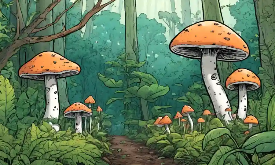 Fungi creciendo en medio de vegetación exuberante con flechas que representan beneficios del ecosistema.
