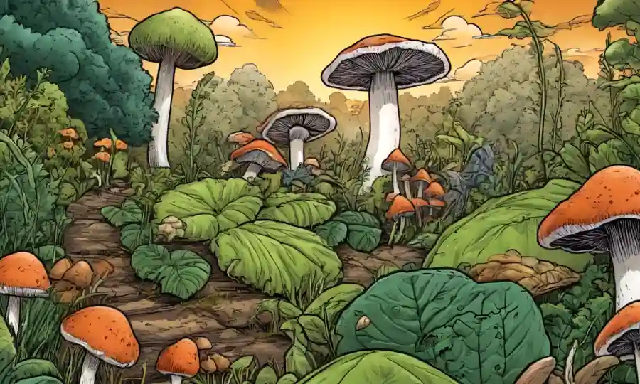 Amplia imagen de hongos rodeados de elementos agrícolas con conceptos eco-amigables y sostenibles superpuestos.