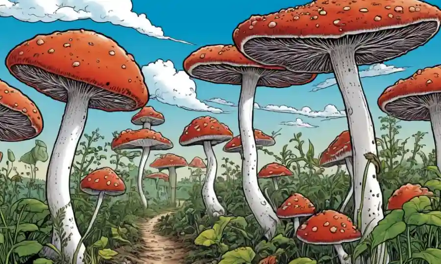 Una relación simbiótica entre hongos y plantas con ilustraciones y escenas agrícolas.