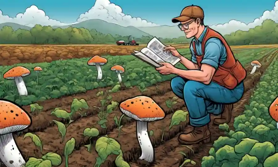 Agricultor estudiando el crecimiento de hongos en un campo agrícola sostenible.