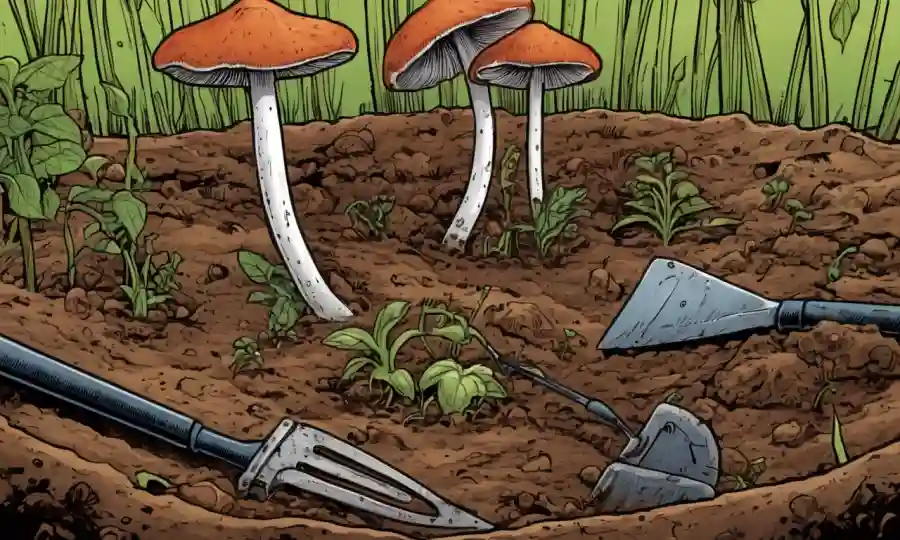 Fungi creciendo en suelo, rodeado de herramientas agrícolas y plantas de cultivo.