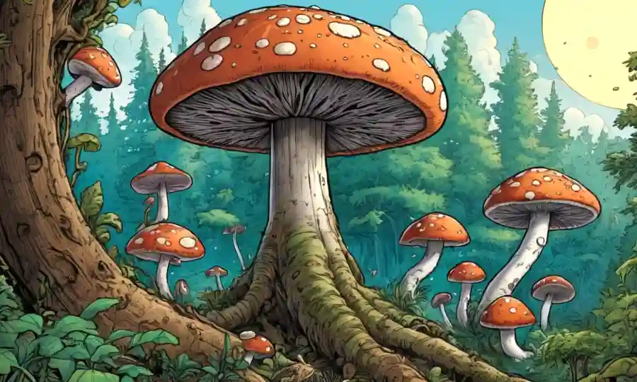 Fungi creciendo en troncos de árboles con varias especies destacadas en un fondo de bosques frondosos de las Tierras.