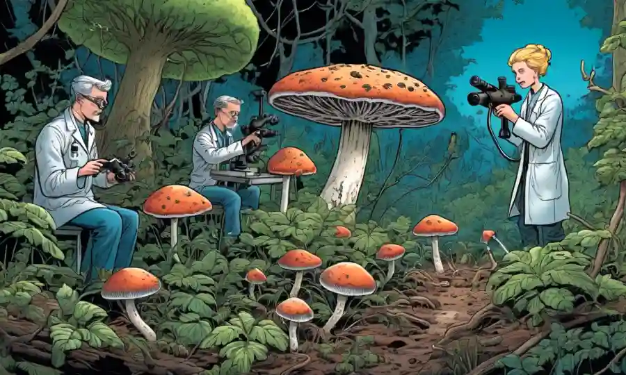 Fungi creciendo en el underbrush con microscopios y científicos estudiando su papel de descomposición.