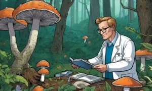 Un científico que estudia hongos en un bosque