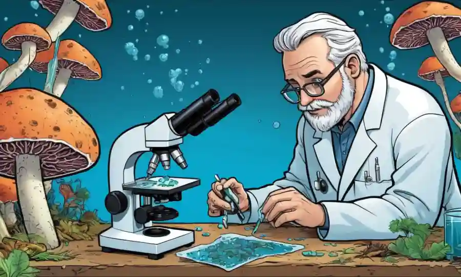 Un científico que estudia muestras de agua junto a especies de hongos bajo un microscopio.