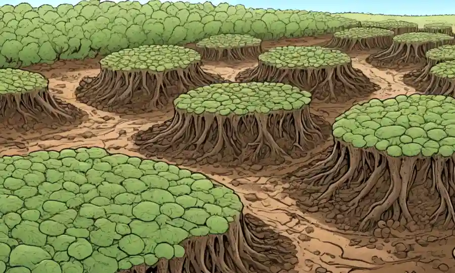 Redes fúngicas que conectan partículas de suelo con ilustraciones de prevención de la erosión y restauración.