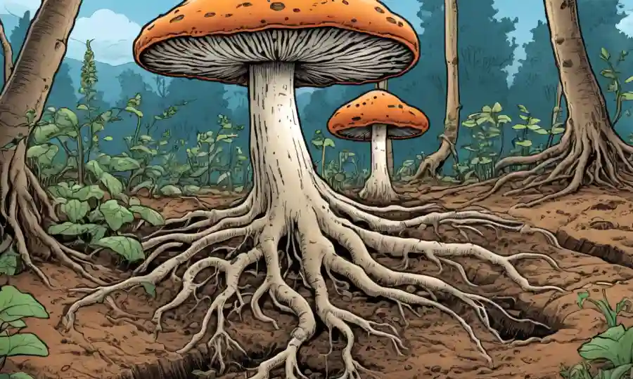 Crecimiento de hongos entre raíces y erosión del suelo