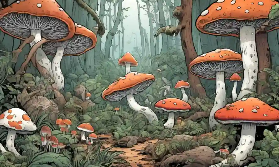 Crecimiento de hongos en hábitat forestal, rodeado de animales con nutrientes basados en hongos.