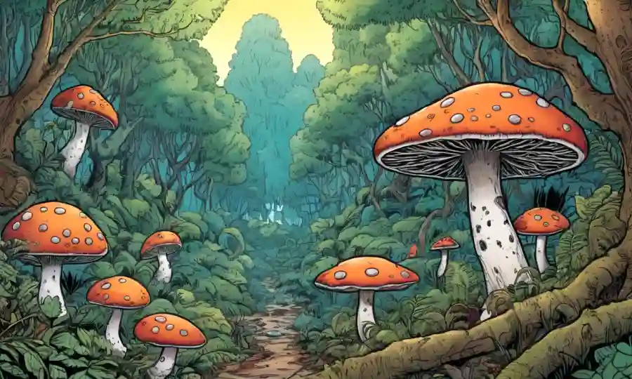Fungus y animal entrelazados en un paisaje forestal.