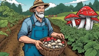 Farmer holding varios hongos junto a los cultivos