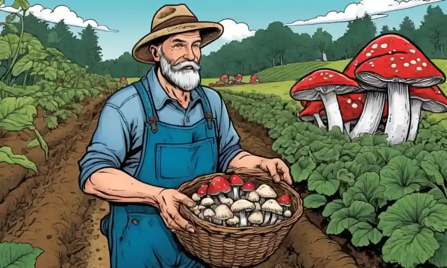 Farmer holding varios hongos junto a los cultivos
