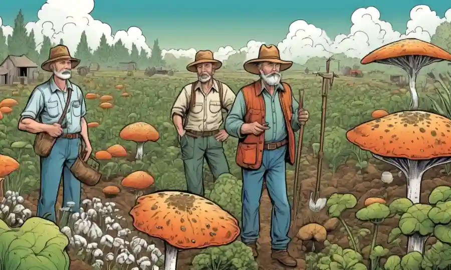 Agricultores rodeados de plantas fúngicas, con gráficos y diagramas explorando beneficios de producción de cultivos.
