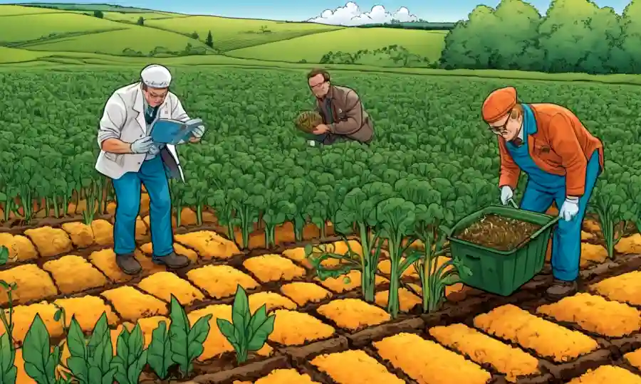 Científicos que estudian el crecimiento de hongos en campos agrícolas con diversos cultivos y muestras.
