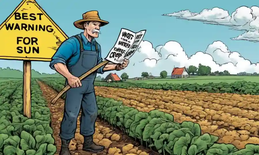Agricultor inspecciona los cultivos dañados por hongos en un campo con un signo de advertencia.
