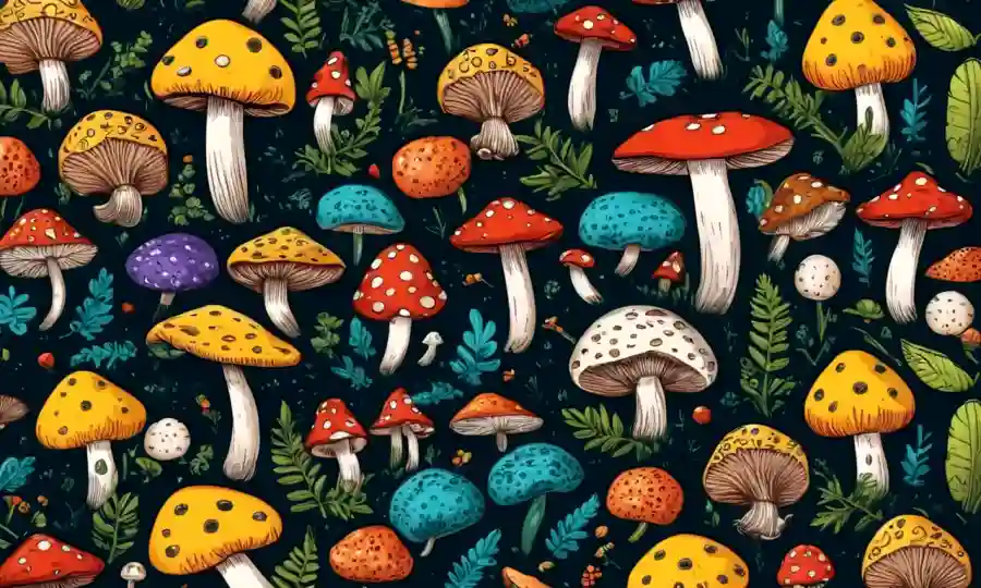 Una variedad de hongos con diferentes formas y colores, rodeado de iconos relacionados con la salud.