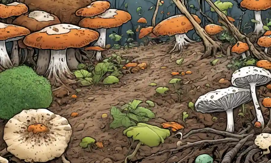 Los hongos microscópicos y las partículas de suelo descomponen la materia orgánica en un ecosistema sostenible.