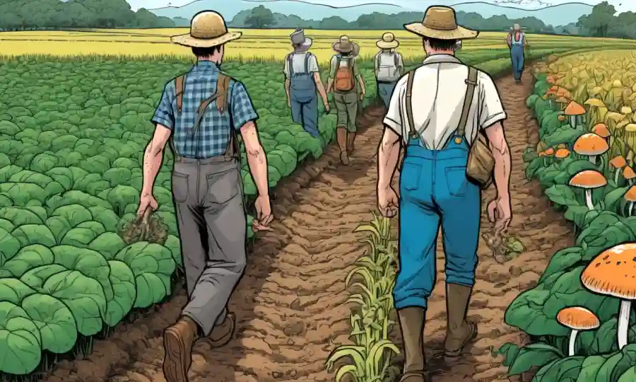 Los agricultores caminando en medio de cultivos exuberantes con hongos ilustrados, destacando los beneficios para la salud del suelo.