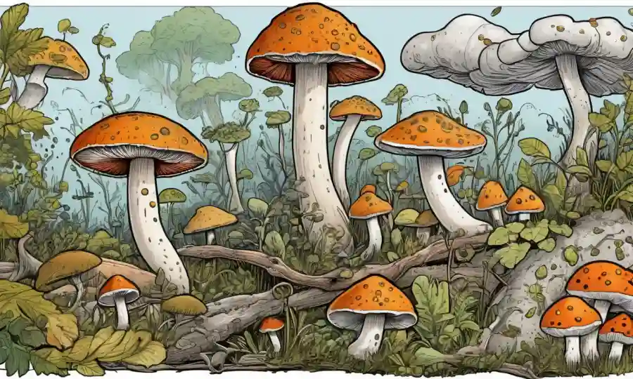 Las ilustraciones y diagramas de hongos que representan conceptos de salud ecológica.