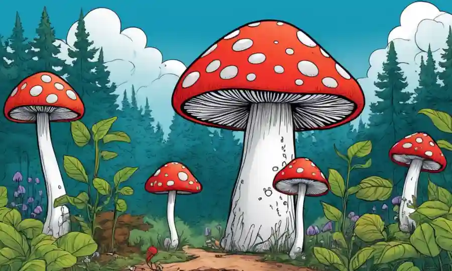 Setas creciendo en la naturaleza con ilustraciones de cuerpo humano y elementos gráficos.