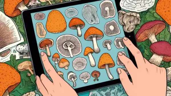 Persona mirando datos de salud intestinal en una tableta entre ilustraciones de hongos.