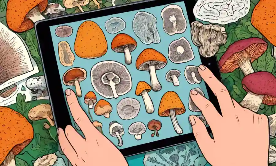 Persona mirando datos de salud intestinal en una tableta entre ilustraciones de hongos.