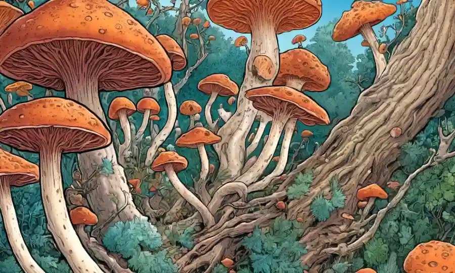 Una vista microscópica de hongos beneficiosos interactuando con células intestinales para la salud general.