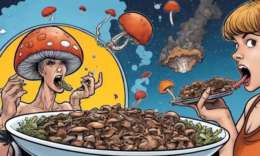 Un plato basado en hongos siendo consumido por alguien, con ilustraciones de los impactos de la salud en el fondo.