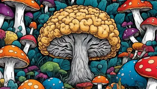 Ilustración de un cerebro rodeado de setas coloridas.