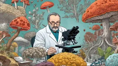 Científico que estudia muestras de hongos bajo microscopios