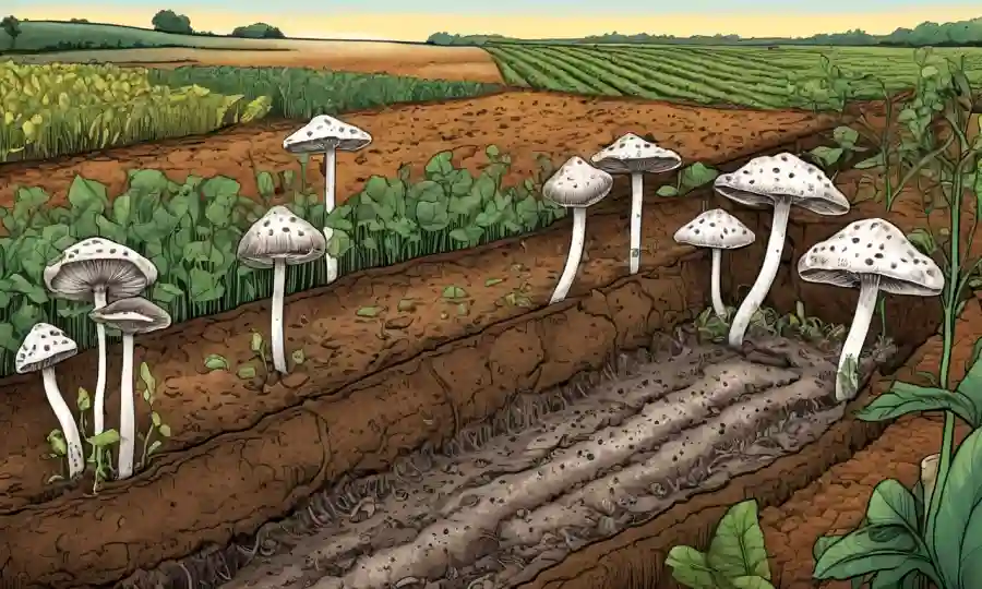 Fungi creciendo desde el suelo, rodeado de cultivos agrícolas y diagramas científicos.