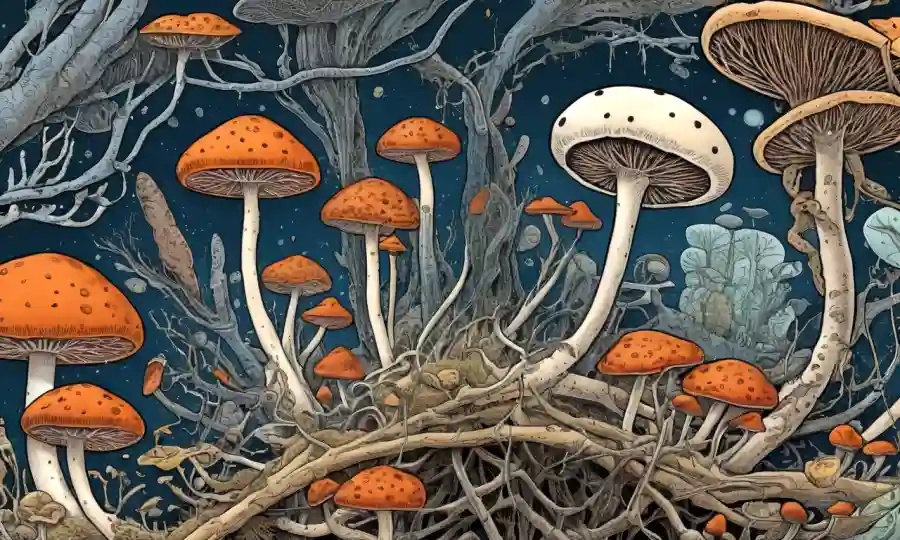 Crecimiento de hongos entre sistemas interconectados, con imágenes microscópicas y diagramas científicos.