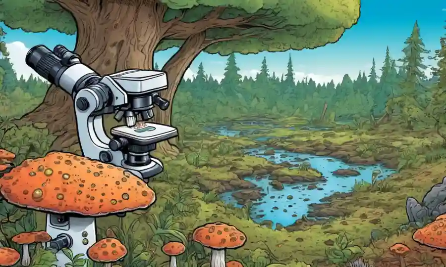 Un microscopio que muestra esporas fúngicas entre diversos ecosistemas y árboles.