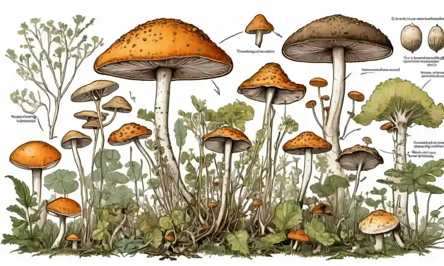 Varias especies de hongos con flechas y gráficos que ilustran su uso en biocontrol.
