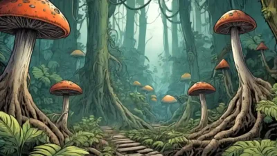 Estructuras parecidas a hongos que rodean las raíces de plantas exóticas en un entorno forestal.