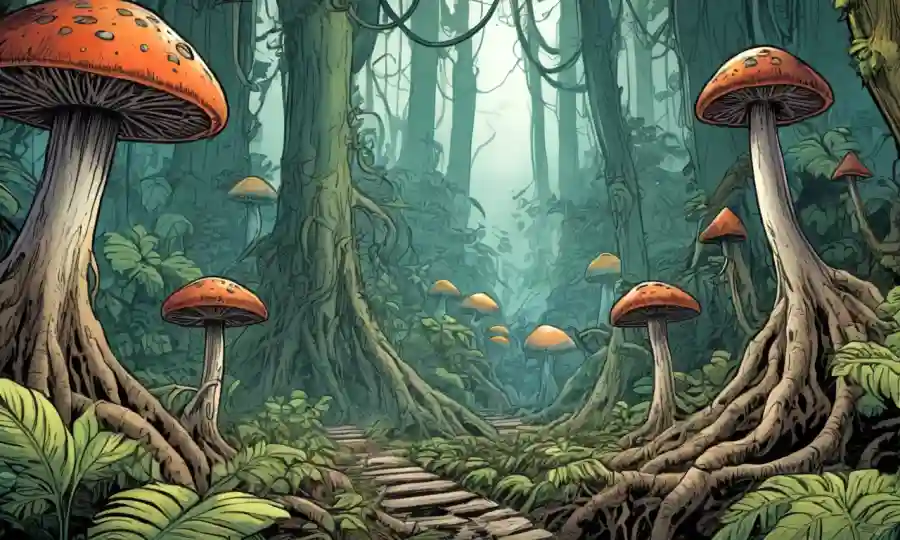 Estructuras parecidas a hongos que rodean las raíces de plantas exóticas en un entorno forestal.