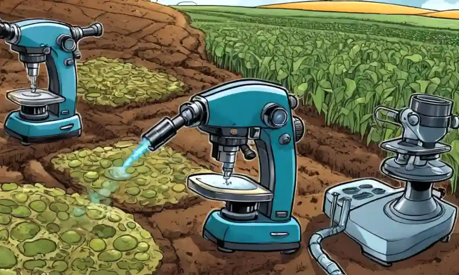Microscopios examinando bacterias y hongos en muestras de suelo junto a campos agrícolas.