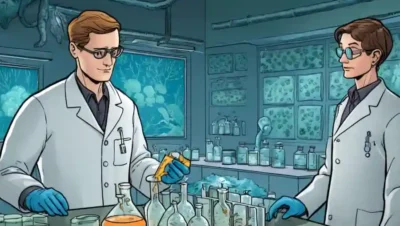 Un investigador que estudia muestras fúngicas en un laboratorio en medio de políticas ambientales.