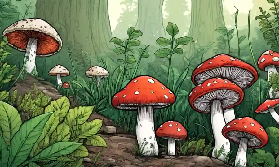 Setas que crecen en armonía con plantas verdes, en medio de la conservación de la naturaleza y las notas políticas.