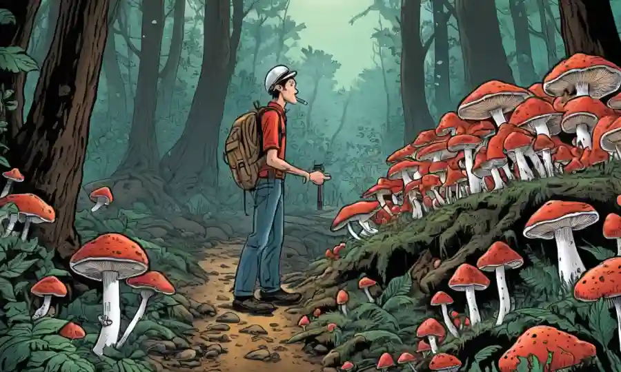 Un micólogo en medio de hongos en un bosque, con conceptos de política ecológica que rodean la imagen.