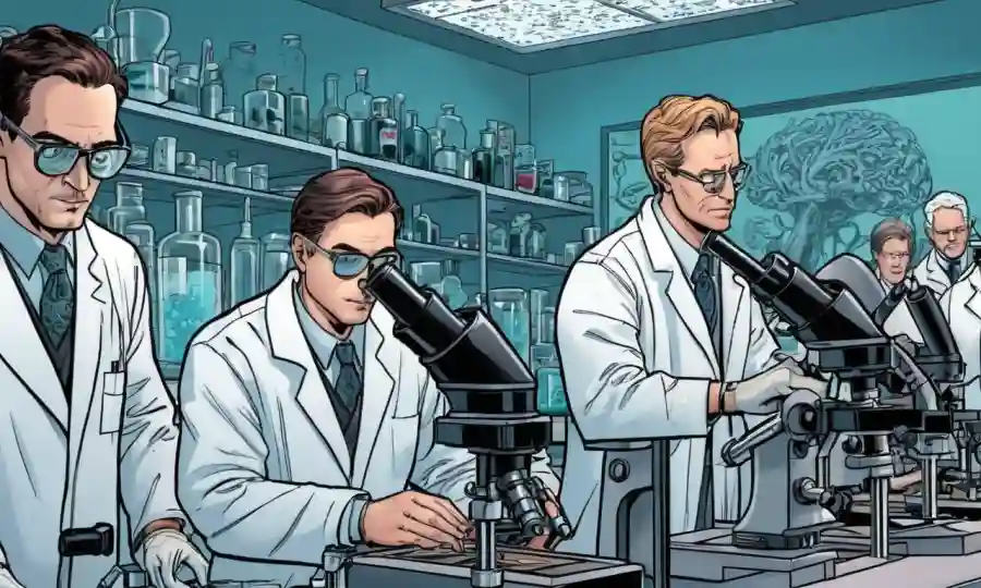 Investigadores que trabajan en un laboratorio examinando muestras bajo microscopios.