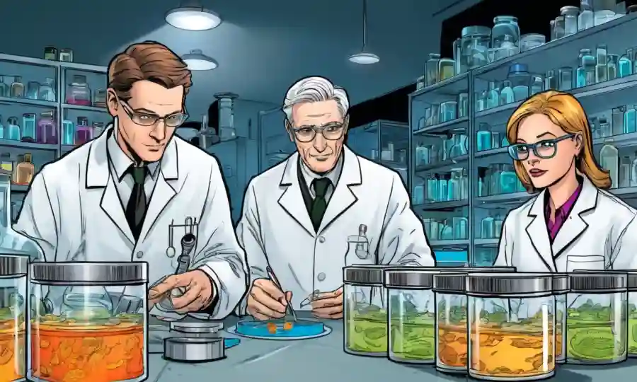 Investigadores científicos que estudian platos petri de laboratorio con organismos simbióticos.