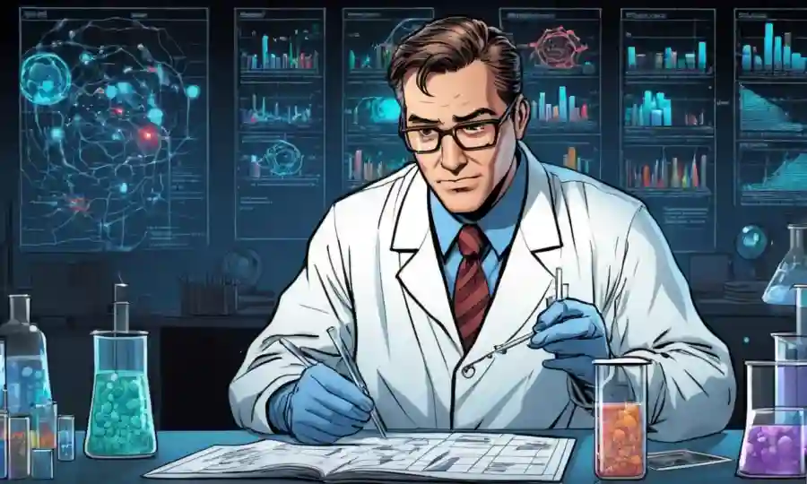 Los resultados de los tubos de ensayo de análisis científicos en el entorno de laboratorio rodeados de gráficos de datos.