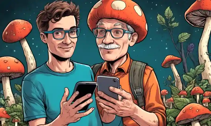 Un micólogo con hongos cerca de un smartphone con iconos de redes sociales.