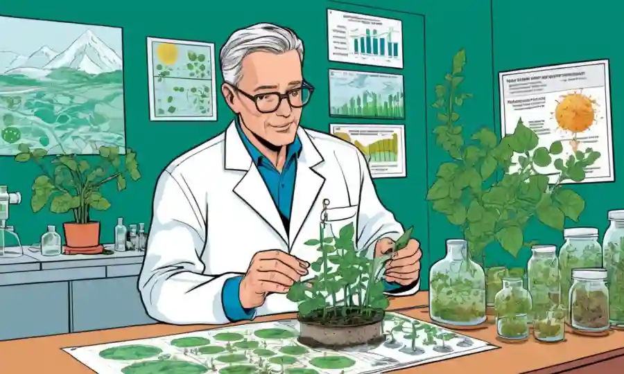 Científicos que estudian esporas vegetales en laboratorio en medio de gráficos que ilustran el impacto de los cambios climáticos en la agricultura.