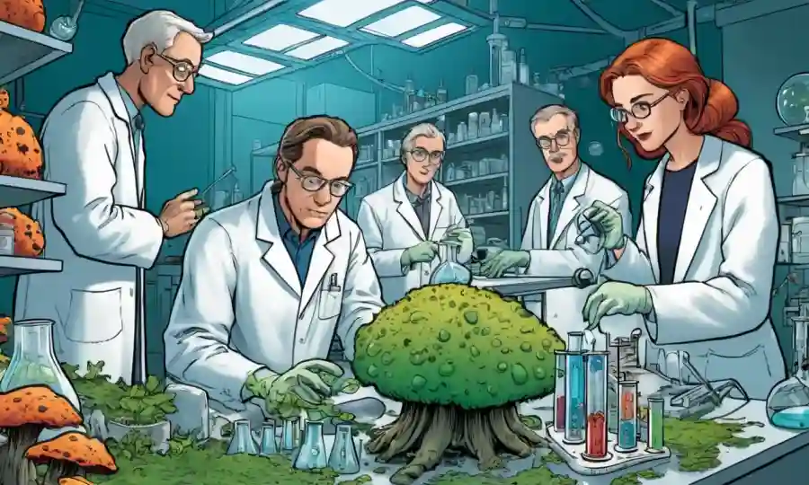 Un grupo de científicos en un laboratorio rodeado de culturas de hongos.