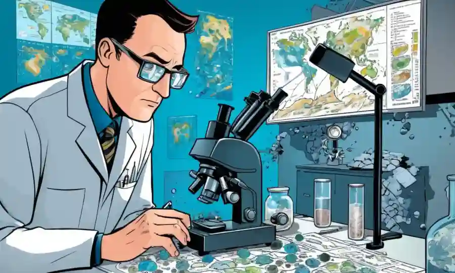 Científico examinando esporas bajo microscopio, rodeado de mapas de datos climáticos.