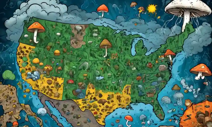 Gráficos y hongos creciendo en medio de iconos meteorológicos tormentosos en un mapa.
