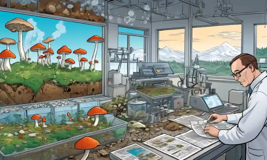 Análisis científico mapas y datos en un laboratorio, con imágenes de hongos creciendo en medio de los cambios de precipitación relacionados con el clima.