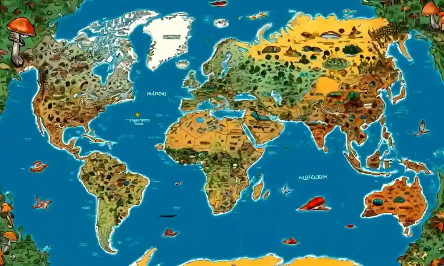 Un mapa mundial superpuesto con ilustraciones de hongos, destacando los cambios de distribución debido a los cambios climáticos.