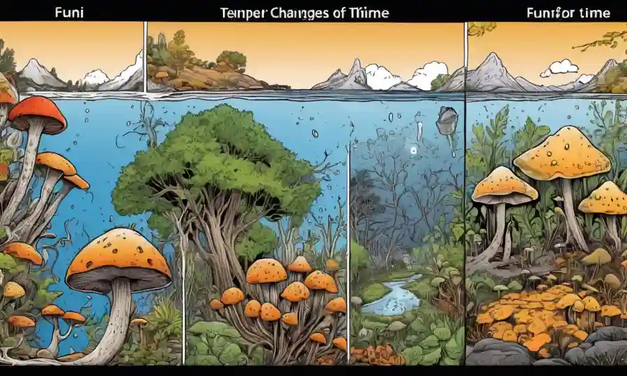 Un gráfico que muestra cambios de temperatura con el tiempo, junto con imágenes de hongos en diferentes hábitats.